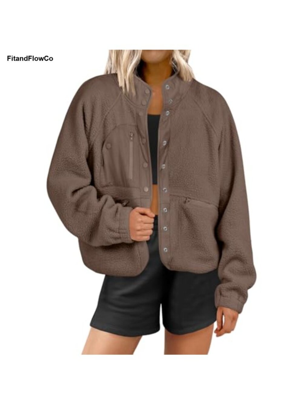 Fuzzy Fleece Button Down Cropped Sherpa Coat Long Sleeve